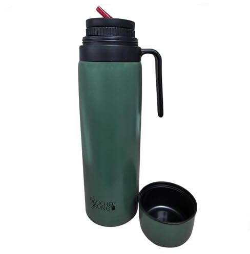 Gaucho Bruno Yerba Mate Flask - Récipient isotherme avec bec verseur de précision, poignée et couvercle à vis, isolé pour boissons chaudes et froides, en acier inoxydable avec revêtement vert froissé