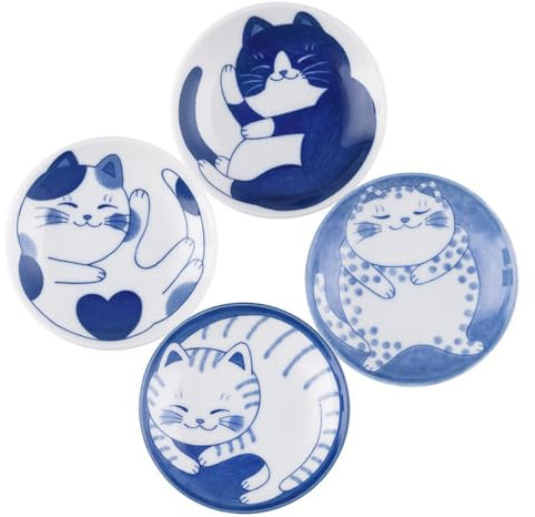 NUWIQ Cute Cat Sauce Dish: 4 inch Ceramic Japanese Style Small Dipping Bowls Set of 4 - Mini Plates for Soy Sauce Sushi Ramen - Cat Pattern Design for Dinnerware Gifts