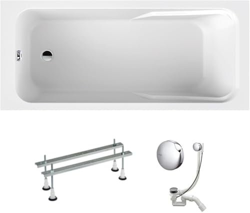 VBChome Vasca da bagno, 180 x 80 cm, in acrilico, colore bianco, forma rettangolare, design moderno, scarico cromato