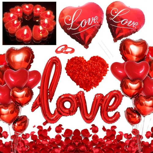 Valentinstag Deko Set, Herz Deko Romantik Heiratsantrag, Rosenblätter LOVE Luftballons Herzluftballons Rot Herz Kerzen Deko, Romantische Deko für Jubiläum Anniversary Verlobung Hochzeit