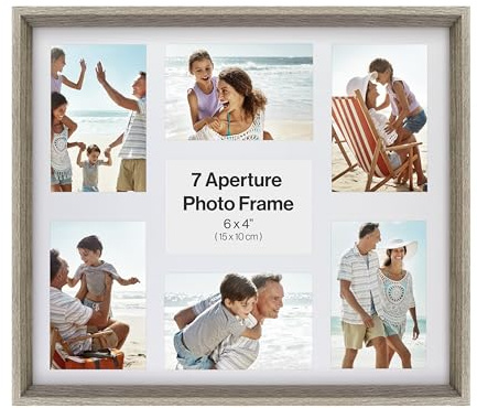 6x4 Multi Aperture V Shape Photo Frame, Holds 7 6x4 Photos or Pictures, Grey Wood Effect Multi Picture Frame, Plexi Glass, Wall Mounted Landscape or Portrait