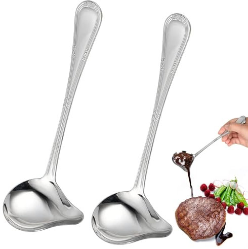 Rairsky 2 mestoli piccoli da 20,5 cm in acciaio inox 304 con beccuccio, mestolo per sugo e zuppa con manico lungo, cucchiaio per salse da cucina, salse, condimenti