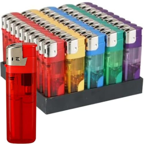 Pack of 50 Assorted Colour Electronic Lighters with Adjustable Flame, Easy to use, these lighters are perfect for lighting candles, fireplaces, grills, and more (50)