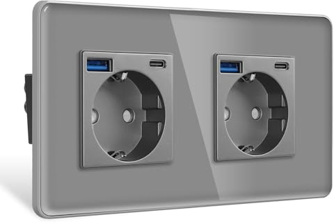 CNBINGO Double prise murale encastrée en verre avec port USB (type C et USB A) - Gris - Avec cadre en verre
