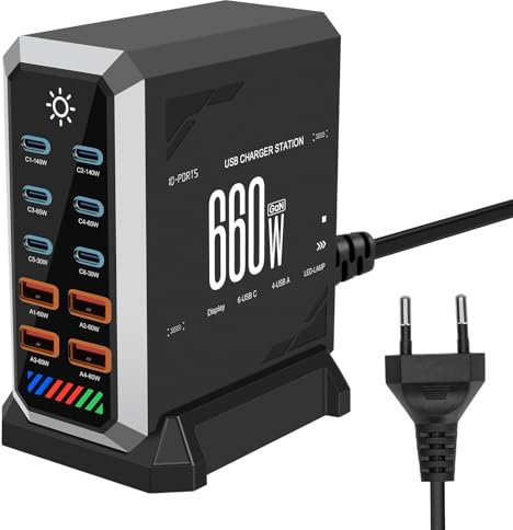 660W USB C Ladegerät Mehrfachusb, PD140w, 100w, 65w 10 Ports Schnellladegerät, Gan Power Ladestation mit 6 USB C + 4 USB A Ports für MacBook Air, iPad, iPhone 16 15Pro 14 13 12, Galaxy S22 S20