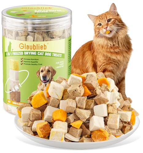 Golosinas Liofilizadas para Gatos y Perros, Carne 4 en 1 (Pollo, Pato, Yema de Huevo, Hígado de Pollo), Snack para Gatos y Perros