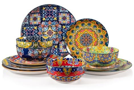 Sweejar Home Ceramic Dinnerware Sets for 4,12 Pieces Boho Plates and Bowls for Kitchen,Housewaring Gift,Bohemian Style Dish Set,Dishwasher and Microwave Safe(Colorful)