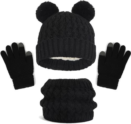 Generisch Cappello per bambini piccoli bambine bambini cappello invernale guanti sciarpa set bambine bambini piccoli bambini cappelli con pompon maglia scaldacollo ghette muffole foderato pile set