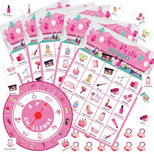 Capoda Spa Party Bingo Game for 24 Players Adults Pink Makeup Bingo Cards with Turntable Marking Cards Beauty Themed Games for Women Sleepover Bachelorette Slumber Family Friends Group Party Favors