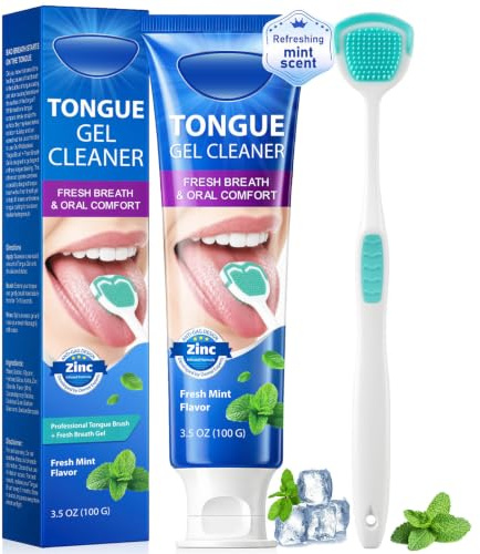 Tunggel rengöringssats med tungborste, tungrengörare för dålig andedräkt, tungskrapa gel stöd färsk tanddräkt med zink, färsk mynta