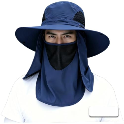 PureBowlic Herrsolhatt med brett brätte med avtagbar mask, UV-skyddande fiskemössa för utomhusvandring, andningsbar polyester bomull strandhatt, justerbar dragsko passar 56–60 cm (marinblå)