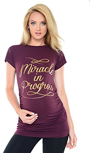 Purpless Maternity Top Pregnancy T-Shirt Tee for Pregnant Women Slogan Miracle in Progress Gold Print B2012 (12, Plum)