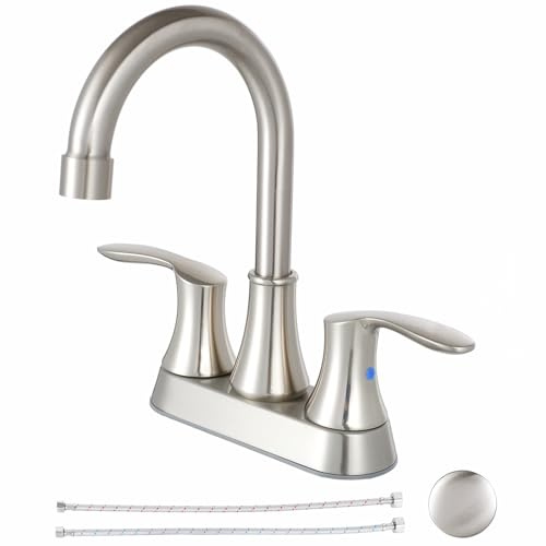 Friho 4 Inch Centerset Bathroom Faucet, Brushed Nickel Bathroom Faucets for Sink 3 Hole, Lead-Free 2 Handle Stainless Steel RV Bath Vanity Faucet with Pop-up Drain and Supply Lines