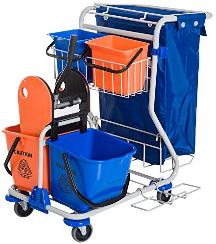 HOMCOM Chariot de Nettoyage Professionnel avec 4 Compartiments 18l/6l, Sac à brossage imperméable, Bleu et Orange 100 x 70 x 103 cm