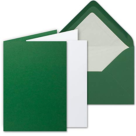 25 Sets - großes Kartenpaket, Dunkelgrün (Grün), matt, mit 25 Faltkarten, passenden weißen Einlegeblättern & 25 gefütterten Umschlägen - DIN B6, 12 x 17 cm - 120 x 170 mm