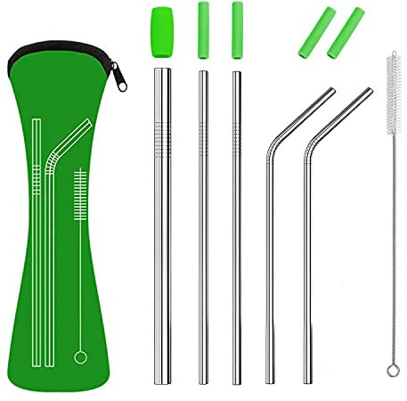 Juego de pajitas reutilizables de acero inoxidable 304 de grado alimenticio con puntas de silicona suave para batidos y bebidas frías/calientes, bolsa de almacenamiento y cepillo de limpieza incluido