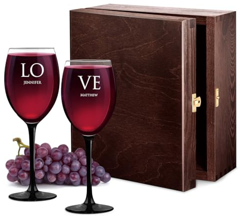 Maverton Wine Glasses with a Black stem and Base - 330ml “U” Shaped Glasses - Specific Design - Personalised Set - for Couples - Love