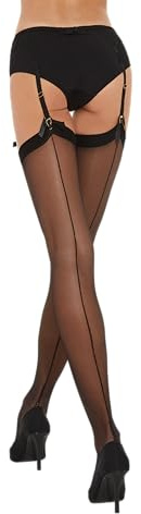 Fiore - Calze di nylon velate e sexy con cuciture da donna per uso con reggicalze 20 DEN con tacco cubano, Nero, L