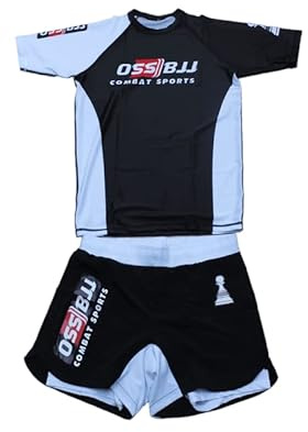 OSS Sports BJJ, No GI, MMA, kompressionstopp plus shorts med fickor dubbelskikt snabbtorkande - BJJ graderingssats - 2 st - BJJ Jiu Jitsu - No GI Brottningssats, Vitt bälte, M