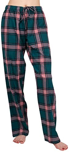 JTPW Women's 100% Cotton Super Soft Flannel Pajama/Lounge Bottoms with Pockets, Green Pink Plaid, Size: S