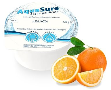Abbott Nutrition | AquaSure 24 Confezioni x125 g | Acqua Gelificata per il trattamento dietetico di soggetti affetti da disfagia e problemi della deglutizione | gusto Arancia