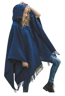 Ger3as Damhuvor poncho 100 % ullcape för kvinnor av stickat material med huva ruana kappa fleece wrap, blå, XL
