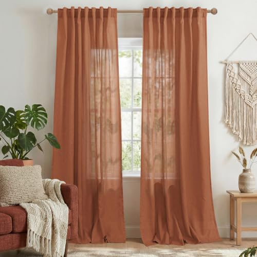 Mrs.Naturall Boho-gardiner 2 paneler för sovrum, rost västerländsk lätt filtrering linne halvren gasväv gardin draperier 244 cm lång för vardagsrum, moody nyckfull bohemisk dekor, terrakotta