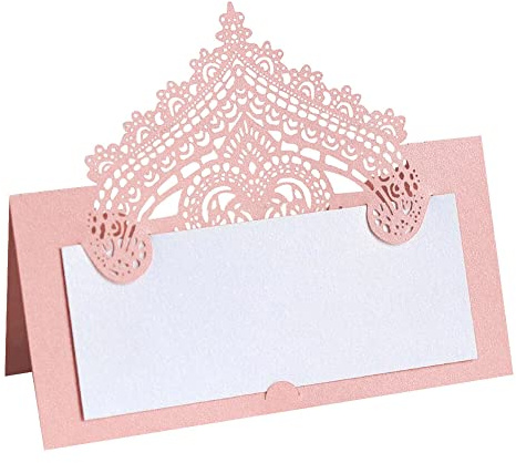 Slakerbe 100 Tarjetas de Lugar Tarjetas Mesa de Encaje 3D Ttarjetas de Lugar de Papel Perlado Tarjeta de Nombre Plegable Decoración de Mesa para Bodas Fiestas de Cumpleaños Bautizos Rosa