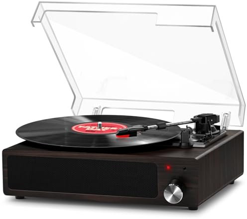 FYDEE Tocadiscos de Vinilo, Tocadiscos Vintage Bluetooth con 3 Velocidades 33/45/78RPM y 2 Altavoces Estéreo Integrados, Reproductor de Vinilos Soporte Auriculares de 3.5mm, AUX,RCA - Nogal Oscuro