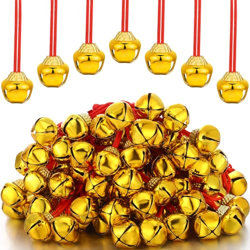 Gejoy 150 Pcs Christmas Bell Necklaces Large Jingle Gold Bell Necklaces for Craft Holiday Party Supplies