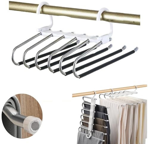 6 in 1 Grucce Pantaloni Salvaspazio Antiscivolo Resistenti in Acciaio Inossidabile - Appendi Pantaloni da Armadio Appendiabiti Multifunzionale Stampelle con Ganci (1) (1 GRUCCIA)