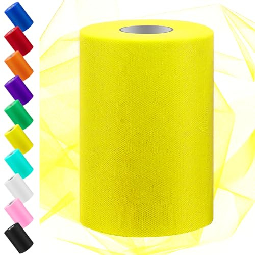 Swpeet 6 Pollici da 100 Yards Fluoresceina Giallo Tulle Tessuto Rotolo, Tessuto Bobina Tulle Nastro, Rete Poliestere Bobina Ideale per Fai da te a Mano Festa di Compleanno Decorazioni di Nozze Natale