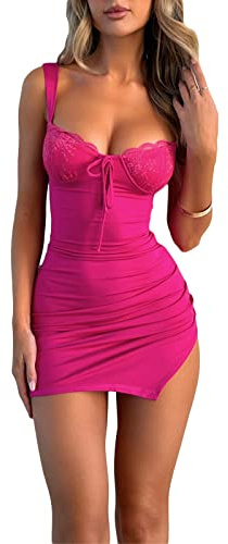Siyova Robe sexy sans manches moulante pour femme - Mini robe bodycon moulante en dentelle - Robe d'été courte pour femme - Robe de cocktail pour fête, club, plage, M