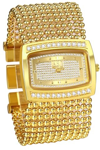 Avaner Uhren Damen Rechteckige Golduhr: Glänzende Zifferblätter Großes Zifferblatt Perlenarmband MIT Breites Armband Analoger Quarz Uhr Verstellbare Schnalle Damenuhr als Geschenk