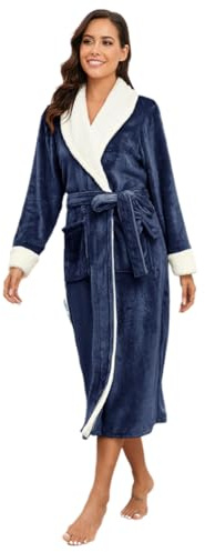 RONGTAI Bata de baño de forro polar de felpa para mujer, bata larga con dos bolsillos laterales y cinturón, cálido y acogedor camisón de dormir esponjoso, Azul marino, M