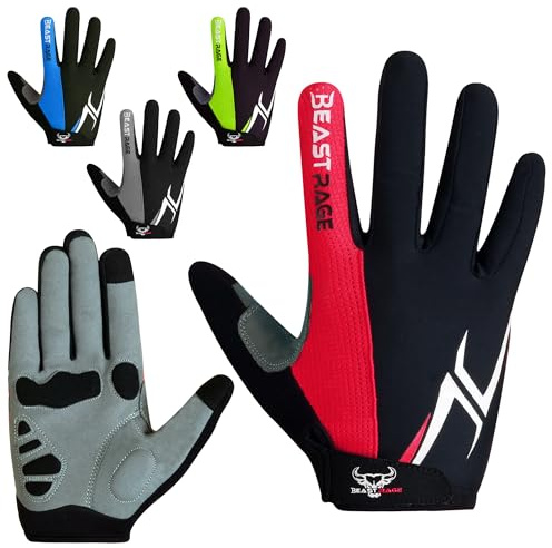 BEAST RAGE Full Finger Cycling Gloves for Men Women, Gel Padded Anti-Slip Shock Absorbing Weight Lifting Gym Gloves, Full Finger Breathable Mountain Bike Gloves for MTB, Biking