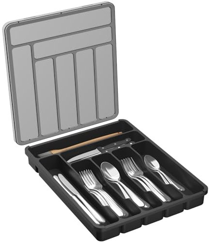 Lifewit Portaposate con Coperchio, Contenitore Porta Posate da Cassetto per Cucina, Organizer in Plastica per Cassetto per Cucchiai, Forchette, Coltelli, 7 Scomparti, Nero