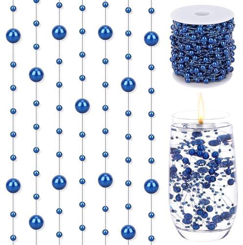 SUREAM 98 Feet Pearls String, Fishing Line Artificial Pearls String Beaded Wire for Craft, 3-8mm Faux Pearls Strand Roll for Flowers Wedding Christmas Decoration, Party Supplies(Blue