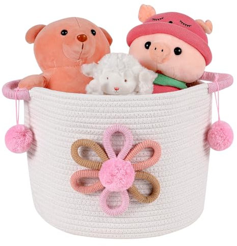 Aufbewahrungskörbe für Kinder, Korb Bad Baumwollseilkorb mit 3D-Blume, Deckenkorb für Wohnzimmer, Spielzeug-Organizer, gewebter Baby-Aufbewahrungskorb, Wäschekorb, Spielzeugkorb, Organizer Kaffeefarbe