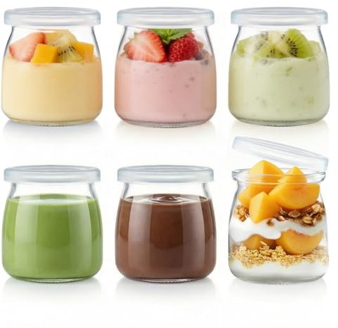 Siocok 6Pcs 200ml Pudding Glass Bottle,Yogurt Glass Jars with Plastic Lids, Small Glass Bottles, for Yogurt Making,Milk,Jams,Jelly,Pudding,Mousse