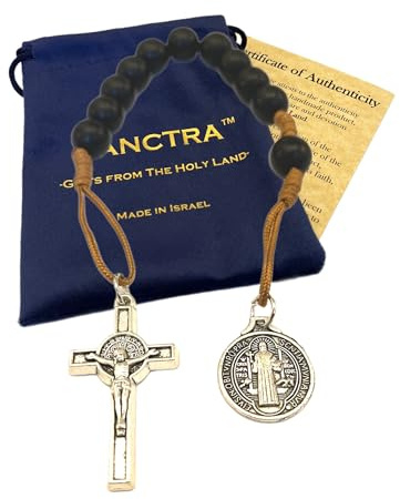 Chapelet de Poche, Fait Main et Bénit en Terre Sainte, Perles de Prière avec Médaille de Saint et Croix/Crucifix, Pochette Cadeau et Certificat d’Authenticité