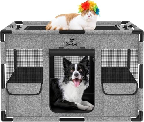 Pawaboo Welpenauslauf Extra Groß Haustier Laufstall, Tragbar Handtasche Hundebox für Katze Hunde, Hund Laufgitter, Verdickt PVC Rohr Rahmen, Mittel, Schwarz/Grau