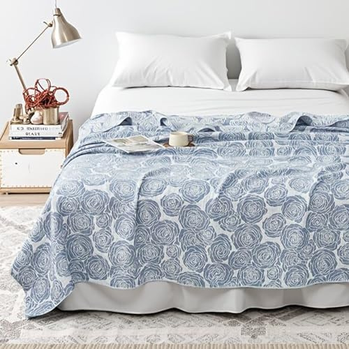 ITFRO Boho 100% Cotton Muslin Blanket for Adults Twin Size 60x80 Inches 3 Layer Cooling Gauze Soft Breathable for Hot Sleepers Summer Travel Lightweight Blue Rose Blanket (Rose Blue, 60x80)