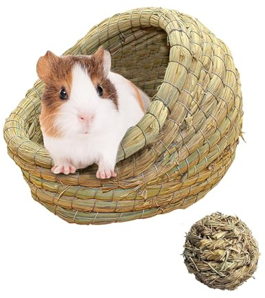 kathson Guinea Pig Grass House Guinea Pig Hideout Bunny Woven Hay Bed Hand Woven Natural Grass House for Hamster Bunny and Small Animals with Hay Chew Balls Toys(Small)