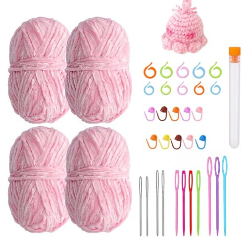 YUNXCNA Chenille Yarn, Lana de Chenilla para Ganchillo, 4 Hilos de Felpilla de 100 g, Hilo Crochet de Felpilla Suave, Ganchillo, con Clip Marcador, Aguja Perforadora, Anillo para Tejer Bolsos(Rosa)