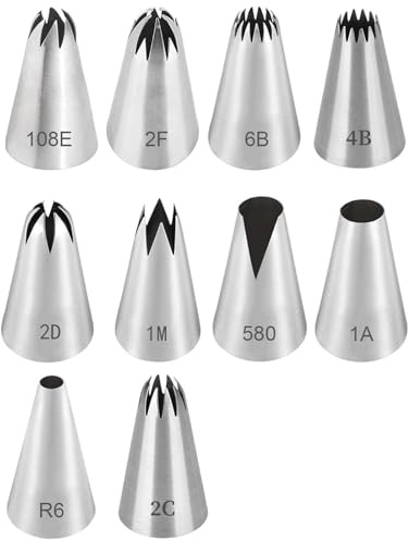 Beccucci per Sac a Poche Grandi,10 PCS Professionali Beccuccio Grande Inox Bocchette Decorative Accessori Beccuccio per Zeppole Grande per Decorare Cupcakes Torte Zeppole Biscotti Pasticceria
