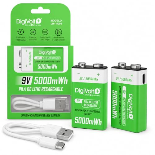RAYPOW 2 Pilas 9V Recargables de Litio 1.5V 5000mWh con Puerto USB-C, Carga Rápida, Reutilizables mas de 1200 Veces, Potencia Constante para Mandos, Juguetes y Dispositivos del Hogar