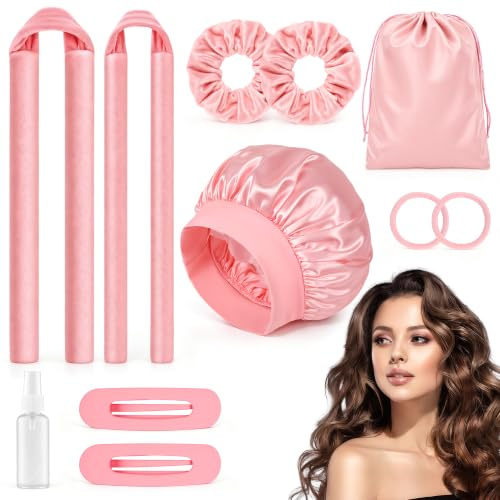 Kit Boucle Sans Chaleur 2 Tailles, Bigoudis en Satin pour Nuit avec Bonnet | Bigoudis Sans Chaleur pour Dormir, Ruban à Boucler en Satin avec Scrunchies et Clips pour Cheveux Longs et Mi-Longs, Rose