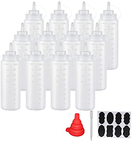YBCPACK 12 Pack 16 oz（500ml） Plastic Squeeze Squirt Condiment Bottles with Twist On Cap Lids & Label, A Pen, 1 Funnel-Squeeze Sauce Bottles Dispenser for Condiment, Ketchup, Hot Sauce, Oil