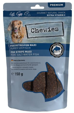 Chewies Fleischstreifen MAXI Hundeleckerli aus 100 % Seefisch - 150 g - luftgetrocknete Fisch Kaustreifen für Hunde - natürlich & getreidefrei - Dörrfisch